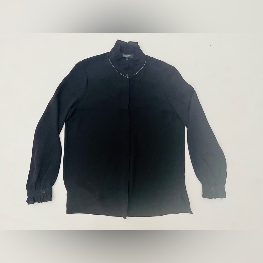 lafayette 148 New York Blouse Black Size M Silk silver collar detail - Picture 4 of 11